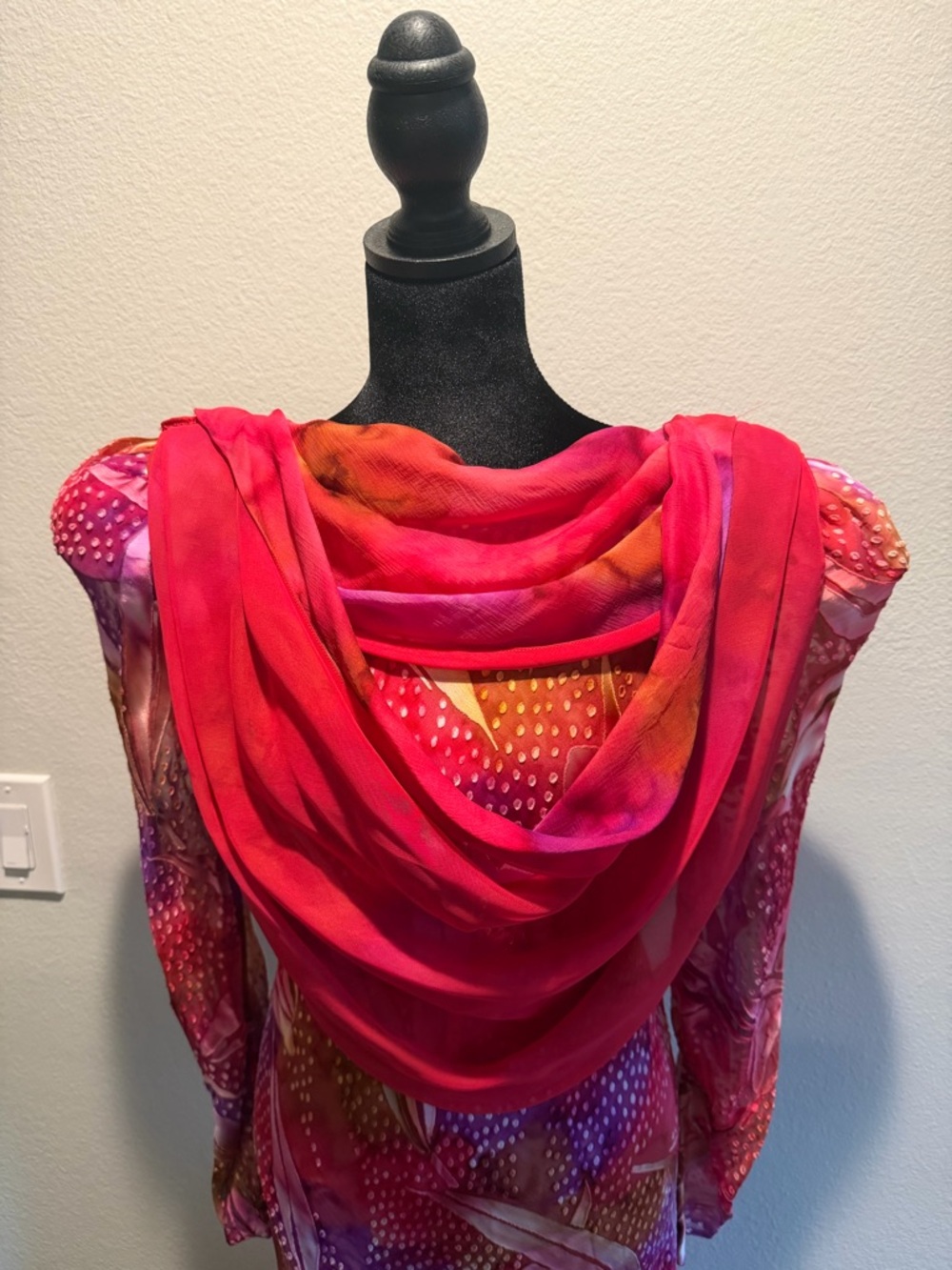 Vintage Judy Hornby Couture Pink & Purple Printed Maxi Dress with Draped Scarf - Picture 3 of 10